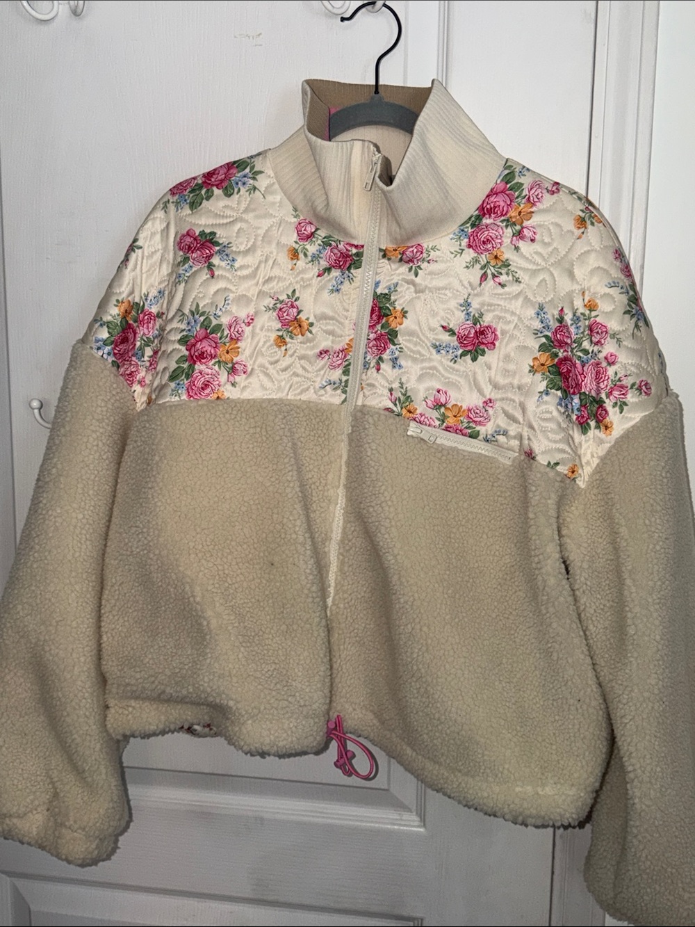 For Love And Lemons Cream Sherpa Jacket with Pink Floral Yoke